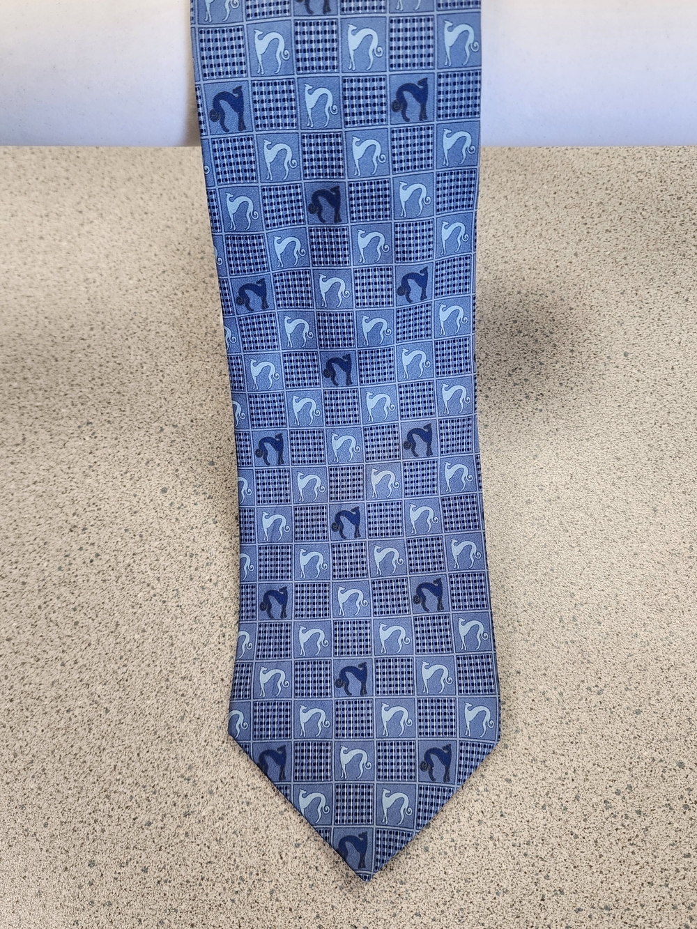 Vintage Lanvin Paris Silk Tie Greyhound Dog Pattern Blue Made in France EUC